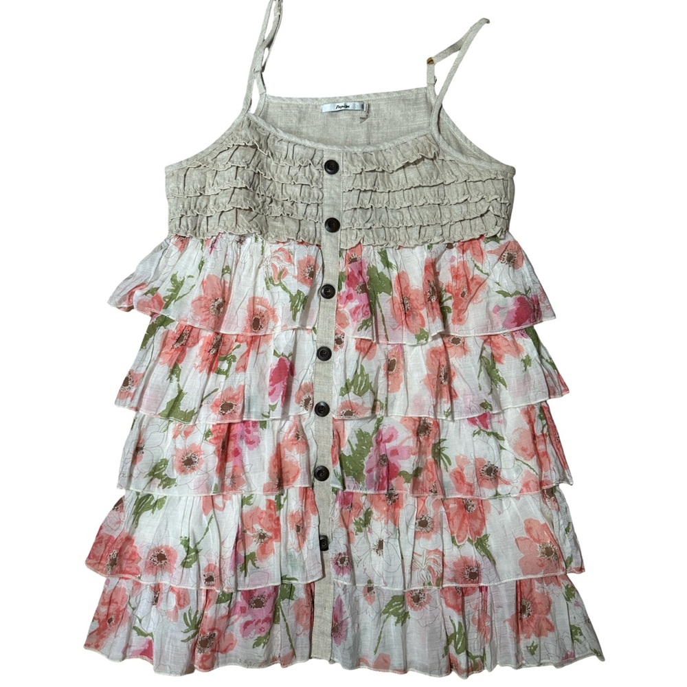 Papaya Tiered Ruffle Dress Tunic Floral Linen-Look Buttons M